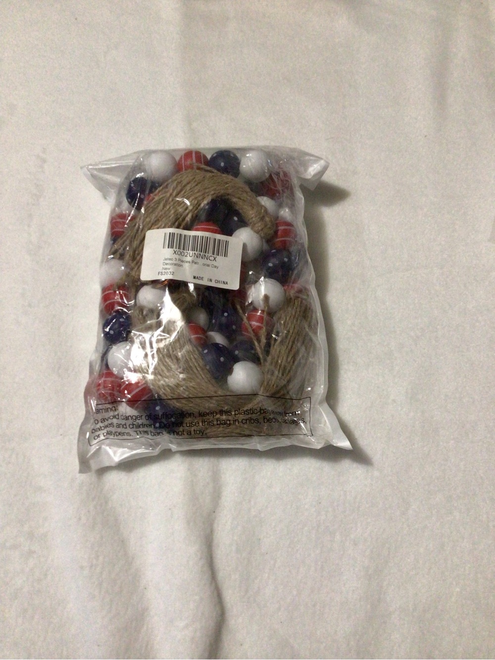 Patriotic Red White Blue Bead Garland with Twine - Home Party Supplies
